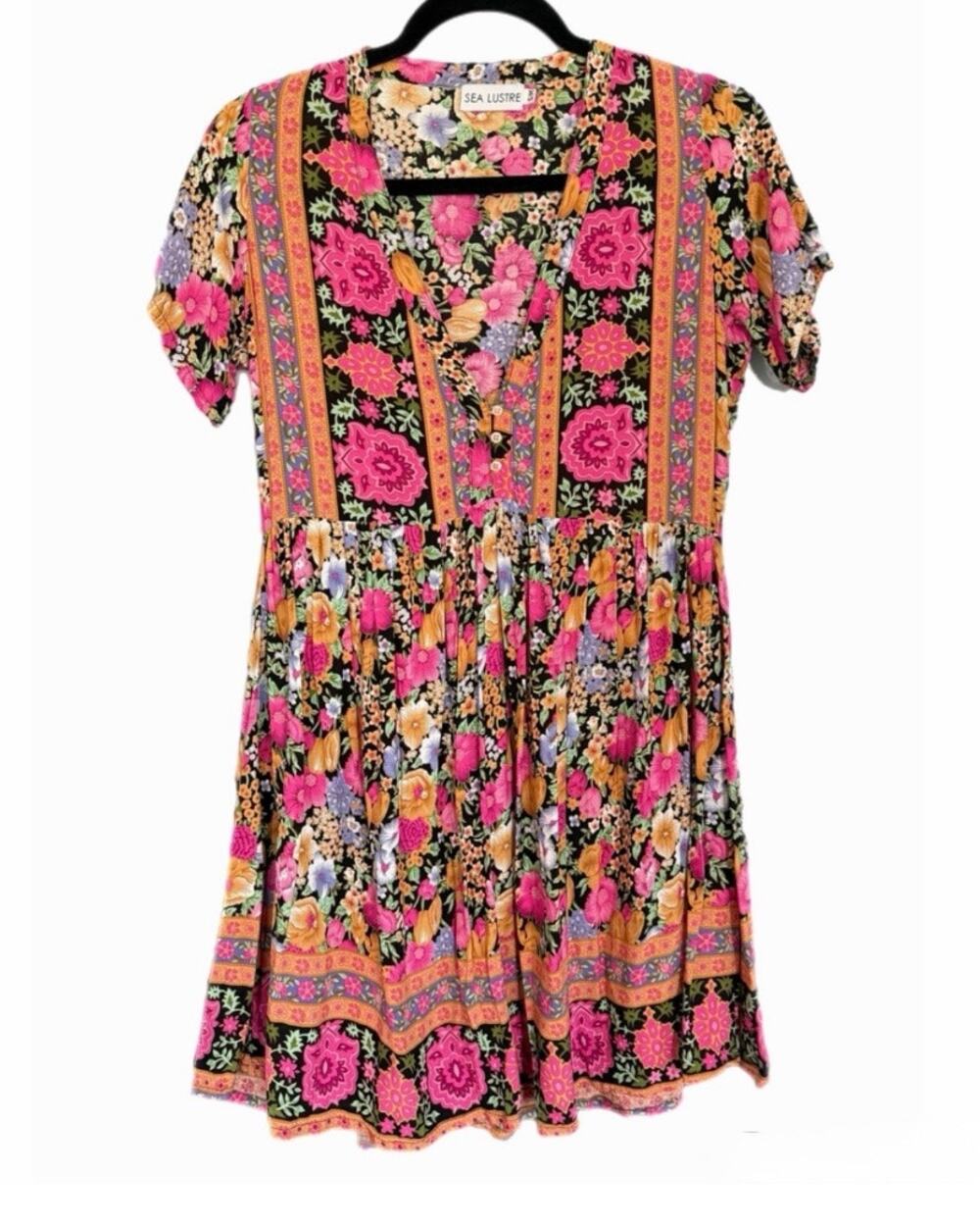 Sea Lustre Floral Babydoll Mini Dress Boho V Neck S/M EUC